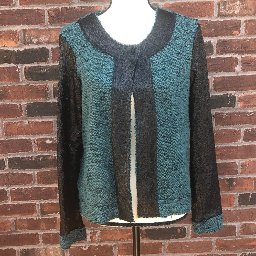BCBGeneration Rare Sequin Raw Edge Witchy Lagenlook Cardigan Sz S